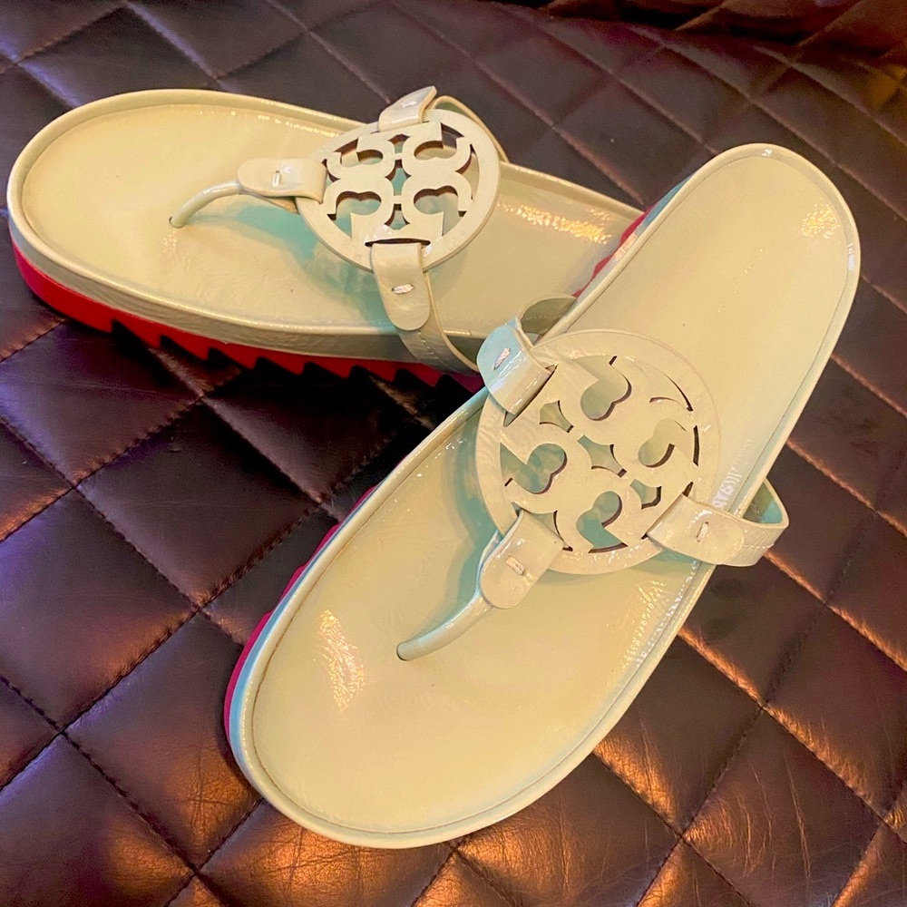 Tory Burch Miller Cloud Lug Patent Leather sandals in green with red soles